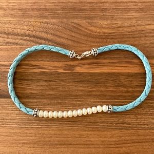 Honora blue leather and pearl chocker necklace